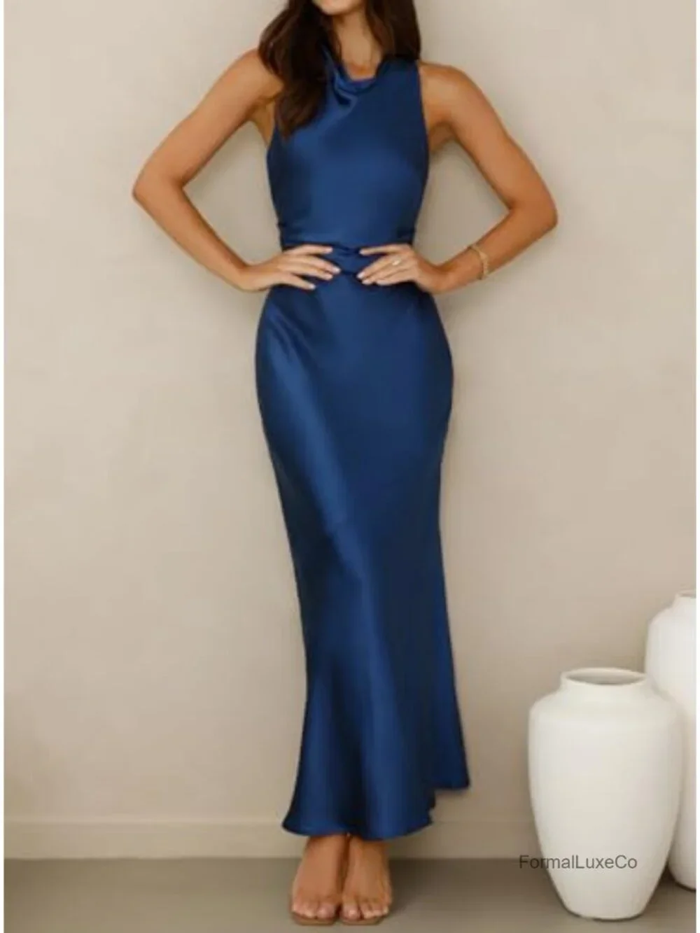 Satin High Neck Backless Maxi Dress Formal Wedding Guest Bridesmaid